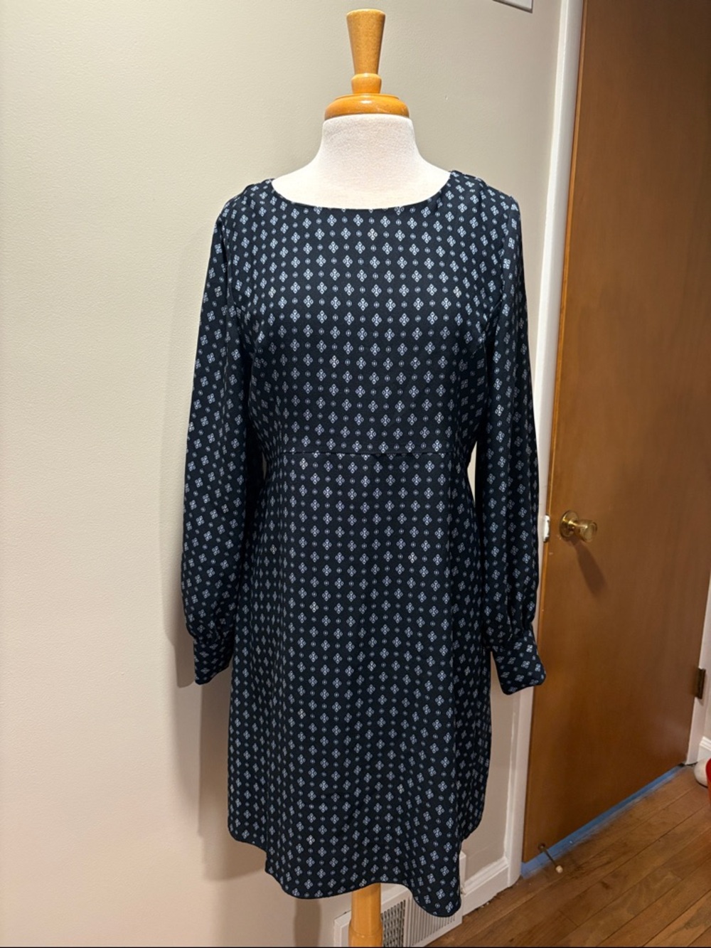 Vince Camuto Navy Dress with Light Blue Geometric Print, Long Sleeve